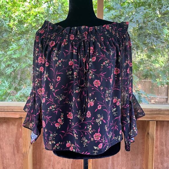 Scripted Black Floral Peasant Blouse Off The Shoulder Size S. NEW - Picture 2 of 11